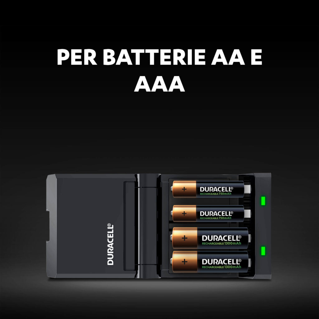Caricabatterie Duracell Hi-Speed ​​con due slot AA 1300 mAh e due slot AAA 750 mAh