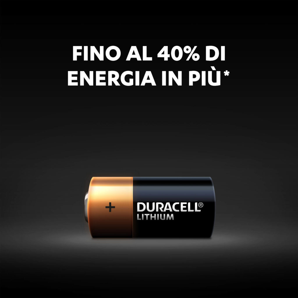 La batteria al litio 123 ad alta potenza Duracell offre fino al 40% in più di energia rispetto alla concorrenza